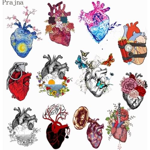 Prajna Iron on Transfers Heat Vinyl Transfer Heart Patches For Clothing Hippie Stickers Organs Anatomical Heart Patch DIY Badges