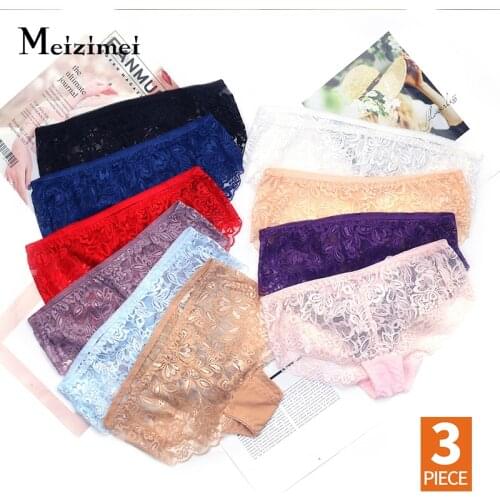 Meizimei 3PCS/Set Ultra Thin Panties for Women Sexy Lingerie Lace Underwear Mesh Plus Size Brief Transparent Pants Low-Rise L XL