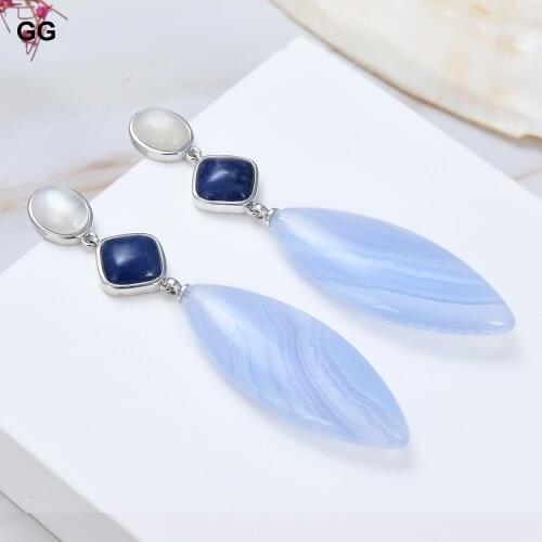 GuaiGuai Jewelry Natural Blue Chalcedony Sodalite Dangle Stud Earrings