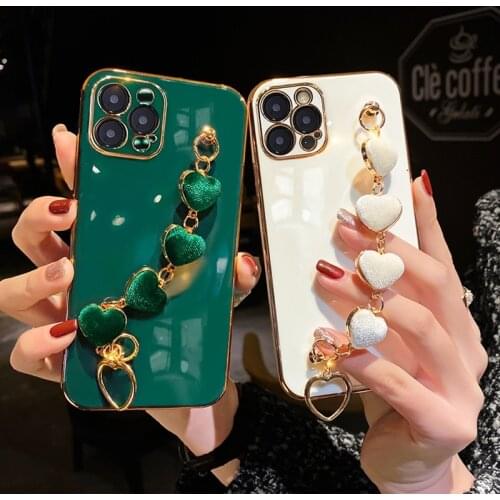 Plating Lens Camera Protection Soft Phone Case for iphone 12 11 Pro Max MiNi XR X XS 7 8 plus SE 20 Love Heart Phone Chain cover
