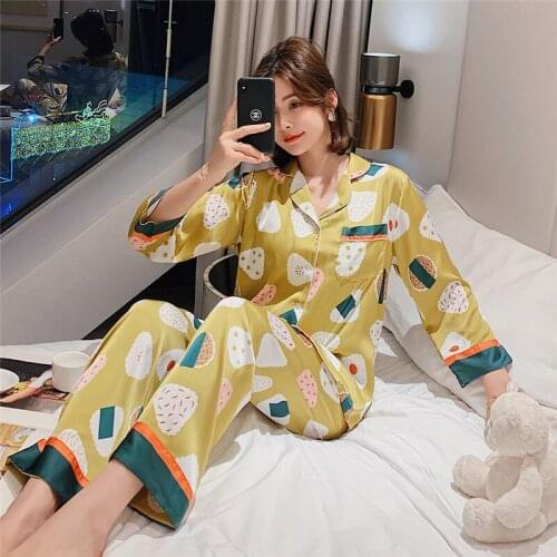 Women Sleepwear Spring Autumn Cardigan Sleepwear Cartoons Fashion Homewear High Quality Pajamas New Long sleeve Ice silk Pajamas