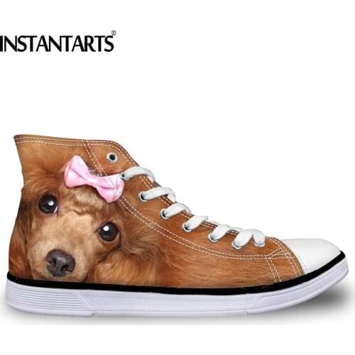 INSTANTARTS Fashion Design Women Teen Girl High Top Canvas Flats Cute Animal Dog Cat Pattern Womans Brown Casual Lace Up Shoes