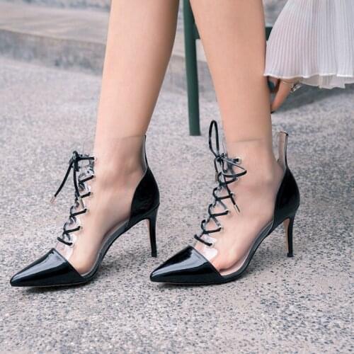 2020 New PVC Material Transparent Sandals For Woman with Cross tied Lace up in Pointed toe High Heels Sexy Party Shoe Size 34-43