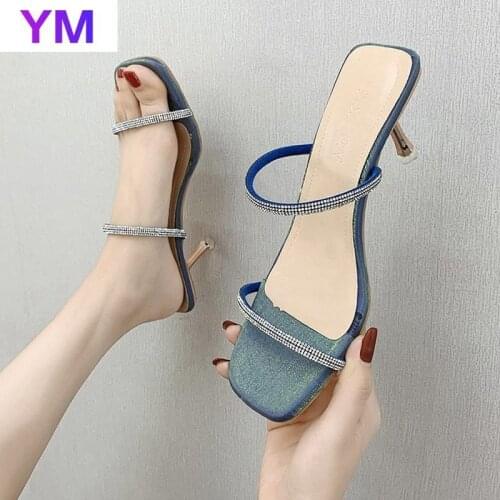 2021 Strappy Heels Women High Heels Sandals Flip Flops Square Toe Slides Crystal Party Shoes New Zapatista De Mujer De Marca