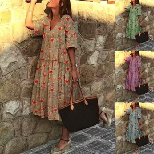 Mini Sundress Boho Women V Neck Half Sleeve Floral Print Large Hem Beach Party Midi Dress Elegant Summer Dress Ladies Clothing