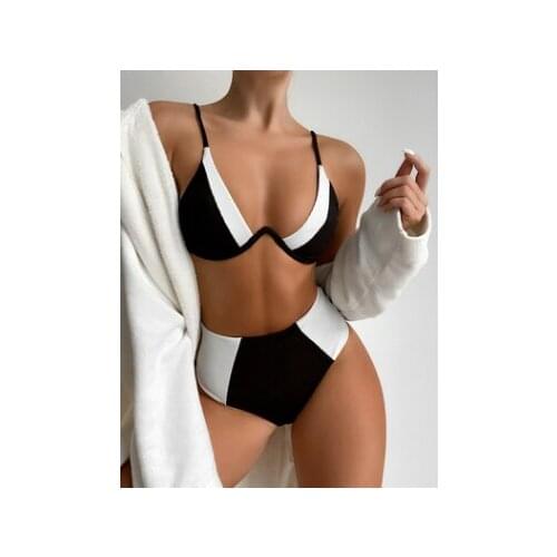 Underwired V-Bra Splicing Female Swimsuit High Waist Bikini Two-pieces Bikini Suit Swim