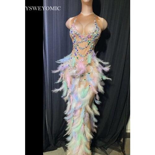 Stage Performance Outfit Feather Rhinestone Dress Nightclub Party Celebration Women Elastic Sleeveless High Slit Prom Dress