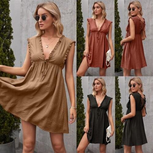 Sexy Deep V-Neck Backless Women Party Dress Fashion Fungus Solid Sleeveless Summer Dress Plus Size Loose Casual A-Line Vestidos