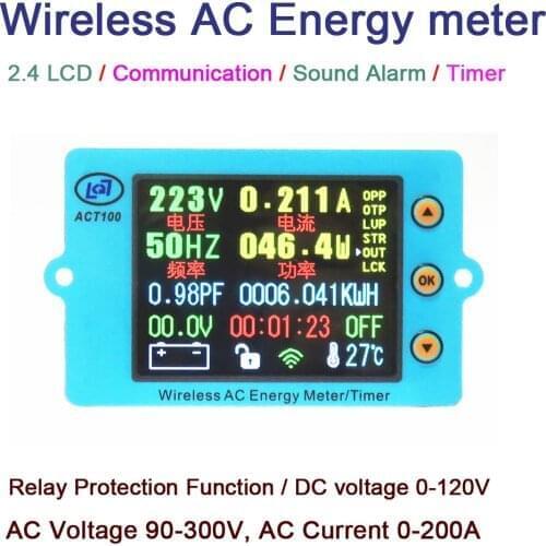 2.4" LCD wireless AC Energy Meter power monitor AC 110V 220V 0-200A voltage current frequency meter Temperature W alarm Timer