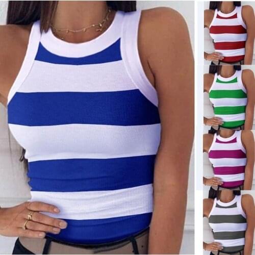 2021 Summer Women Print Top Fashion Women Casual Stripe Tank Sleeveless O-Neck Slim Vest T-Shirts Plus Size S-5XL New Arrivals