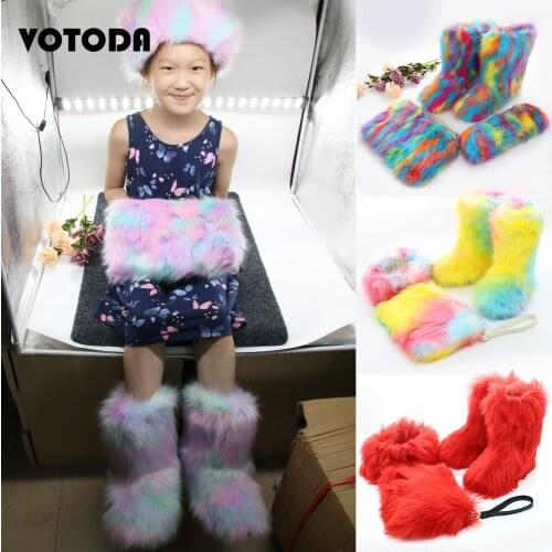 Winter Kids Fur Snow Boots Purse Headband Set Fluffy Faux Fur Boots Childrens Fashion Warm Shoes Girl Rainbow Furry Fur Handbag
