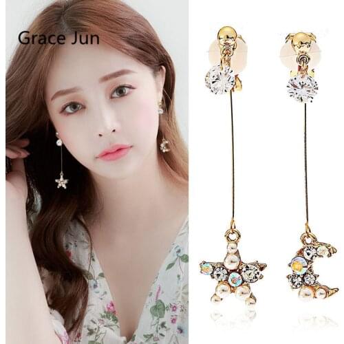 Grace Jun New Arrival Long Moon Star Gold Color Clip on Earrings and Pierced Earrings for Women CZ Rhinestone Charm Earrings