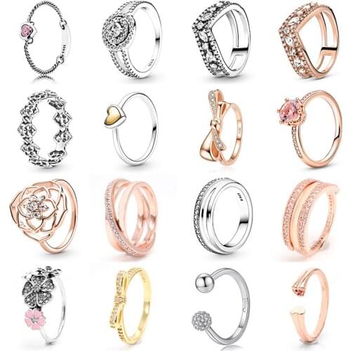 18 Style Women 925 Sterling Silver Rings With Flower Love Rose Gold Sparkling Bow Crystal Ring For Women Party Jewelry Gift