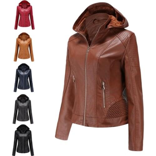 New Autumn Winter Womens Leather Jacket Overcoat Detachable Hooded Leather Jackets Ladies Motorcycle PU Plus velvet Warm coat