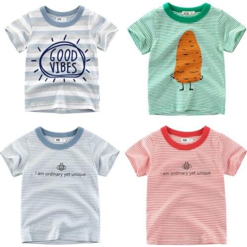 Summer Kids Boys Cotton T -Shirt Letter PrintStripe Short Sleeve Baby Boys Girls T-shirt Clothes T-shirt O-neck Tee Tops Dress