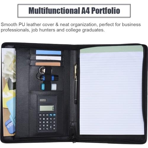Multifunctional Professional Business Portfolio Padfolio Folder Document Case Organizer A4 PU Leather Zippered Closure