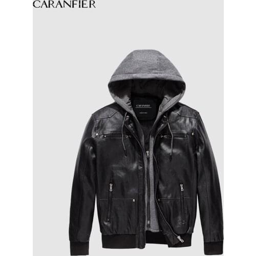 CARANFIER Mens Leather Jackets Winter Plus Velvet Thicken Cotton Hooded Outerwear Casual Solid Zipper Motorcycle Biker Overcoats