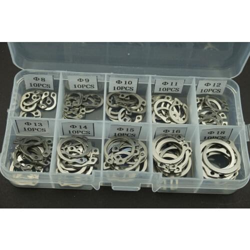 100 PCS/Lot Stainless Steel E-clip Washer Assortment Kits 8/9/10/11/12/13/14/15/16/18mm Circlip Washer