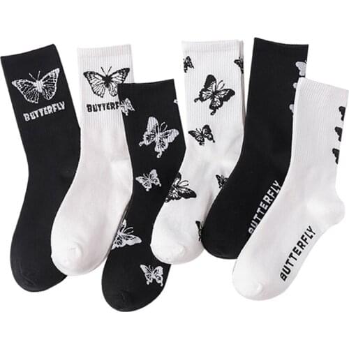 Funny Butterfly Pattern Women Socks Black White Color Casual Cotton Crew Sock Harajuku Happy Cute Letter Type