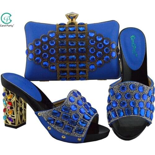 Newest Summer Decorated With Rhinestone Ladies Shoes And Bag Fashion Royal blue color Italian design Women Shoes And Bag Set