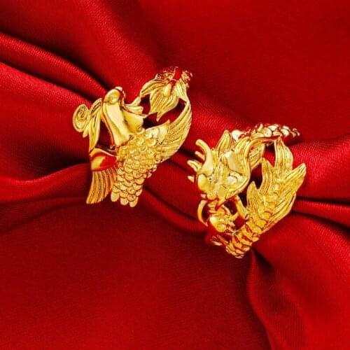 Charm Couple Wedding Antithetic Rings Dainty Vintage Dragon Phoenix Adjustable Golden Jewelry For Women And Men Anniversary Gift