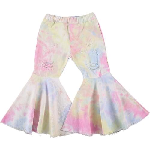 1-6T Toddler Baby Little Girls Autumn Spring Flare Pants, Fashion Stylish Ripped Tie Dye Printed Bell Bottom Pants Fall Clothes