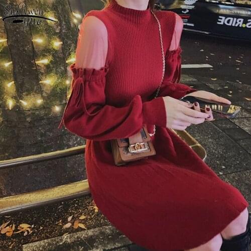Long Sleeve Bow Dress 2021 Spring Knitted Dress Sexy Women Solid Mesh Stitching Off-Shoulder Mid-Length Fashion Vestidos 11735