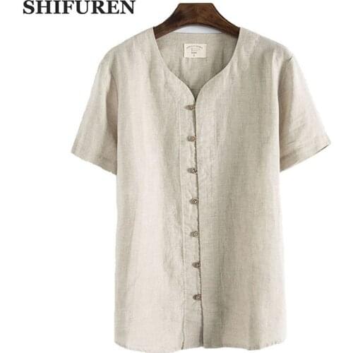 SHIFUREN 100% Pure Linen Shirts Men Short Sleeve Summer Breathable Retro Chinese Traditional Kongfu Linen Shirts Single Breasted
