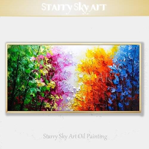 Free Shipping Hand-painted Knife Trees Painting Textured Knife Thick Painting Rich Colors Tree Oil Painting for Wall Decoration