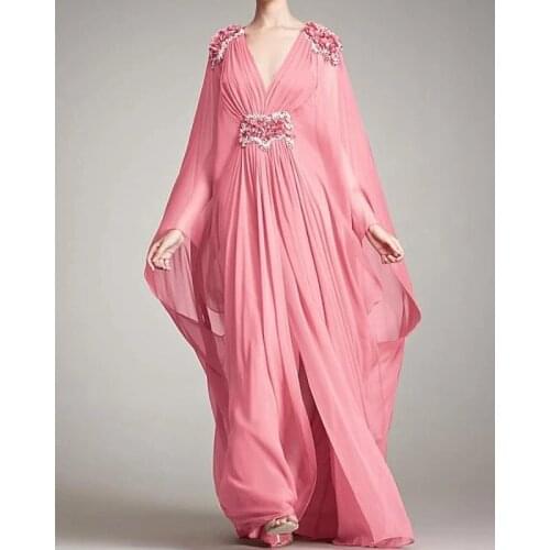 Watermelon Engagement Formal Evening Dress V Neck Beading Long Sleeve Chiffon Appliques Arabic Dubai Prom Gowns Abendkleider