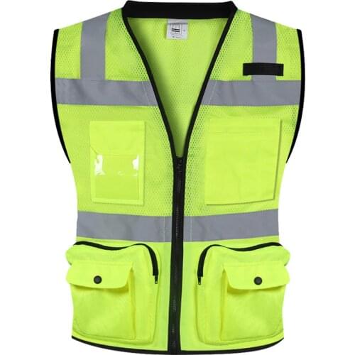 Hi vis Reflective vest zipper mesh vest traffic warning clothing multifunctional multi pockets building sanitation road vest top