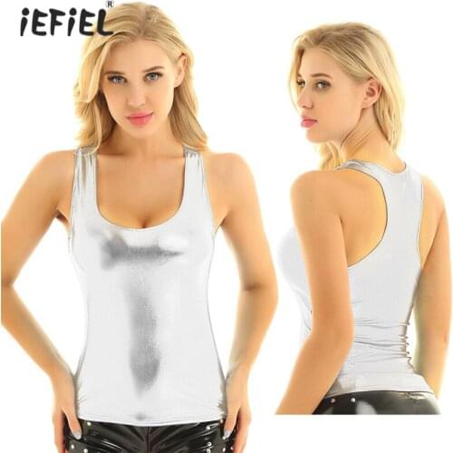 Iefiel Womens Erotic Shiny Metallic Tank Top Rave Outfit Night Party Club Dance Wear Sleeveless Slim Fits Camisole Crop Top Vest