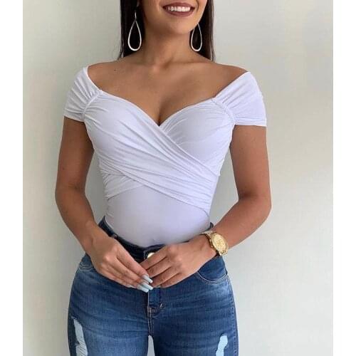 Woman Summer One-Shoulder Slim Top Solid Color Pleated Girl T-Shirt Half Sleeves Simple Style White Black Tee Shirts 2021 New