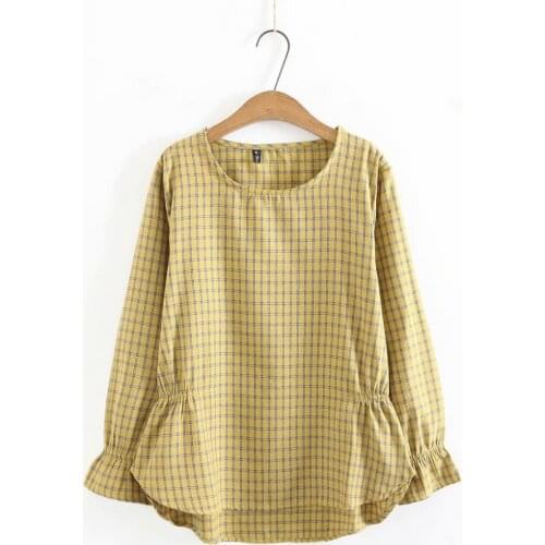 Womens clothing large 2021 blue yellow red plaid cotton Womens t-shirt O-Neck flare long sleeve t-shirts woman