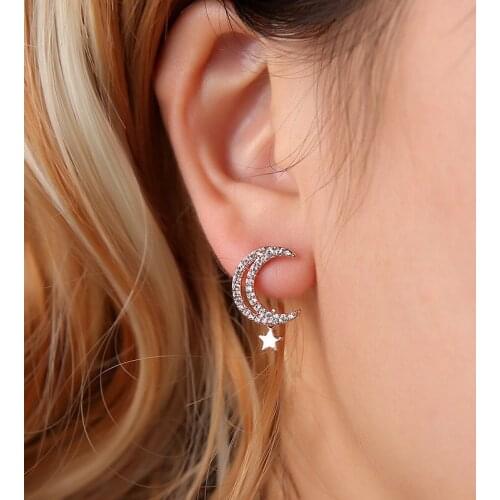 Starry Bling Full Twinkling Crystal Zircon Moon Shaped Star Charm Rose Golden Silver Plated Stud Earrings For Women