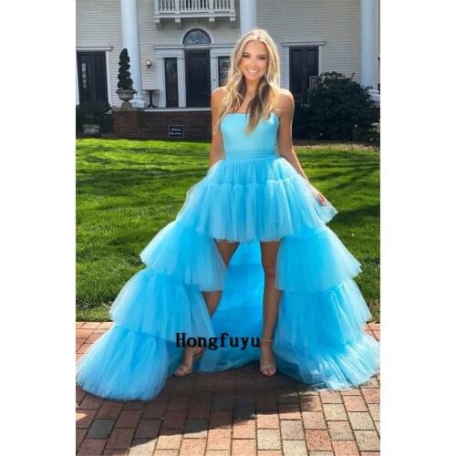 High-low plus size Blue Tulle prom party evening dresses abiti da cerimonia vestidos do regresso a casa