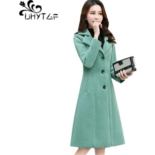 UHYTGF Women winter coats high quality long wool coat Single-breasted lapel solid color wild elegant Female woolen jacket 2XL306