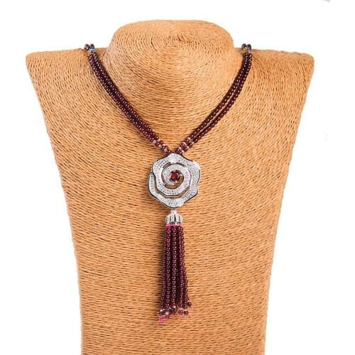 Genuine Natural Red Garnet Crystal Round Beads Women Nice Sweater Necklace Length 70cm