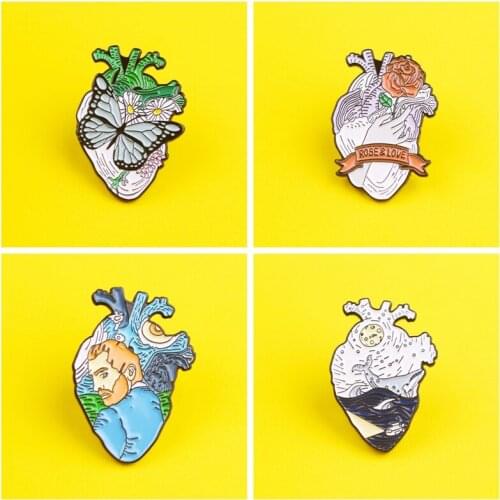 Van Gogh Heart Lapel Pins Oil Painting Ocean World Butterfly Rose Heart Brooches Lapel Pin Badge Jewelry For Friends