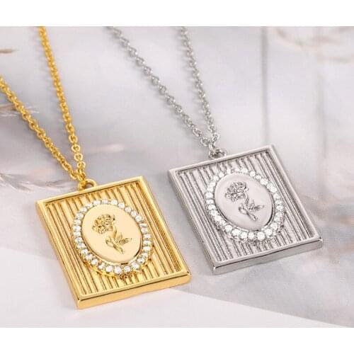2021 New Delicate Rose Flower Zircon Pendant Necklace Stainless Steel Gold Silver Color Charm Necklace For Woman Jewelry Gift