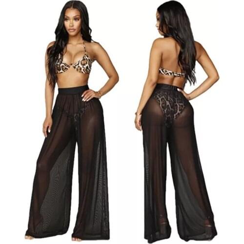 2019 Pantalon Femme Cover Up Pants For Women Mesh Sheer Sexy Summer Pants High Waist Wide Leg Pants See Through trousers women