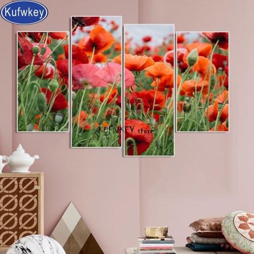 4 Panel Red Flowers 5d diy diamond painting 3D full square/round drill cross stitch kit diamond embroidery scenery mosaic art