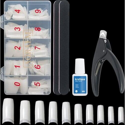 AORAEM French Nail Tips Half Cover Fake False Nails Set 500PCS Boxed Black Sanding Strip Scissors with Glue Artificial Nails Art