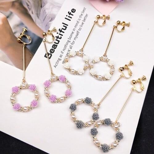 Grace Jun Fashion Hollow-out Wreath Clip on Earrings No Pierced Luxury Simulated Pear Resin 4 Rose Flower Shape Pierced Earrings