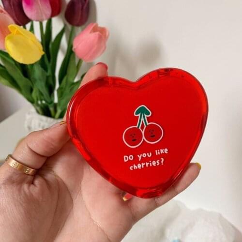 CASHOU64 Portable Double-Sided Folding Cosmetic Mirror Cherry Love Mirror Portable Makeup Mirror Heart Mirror Women Gift Purse