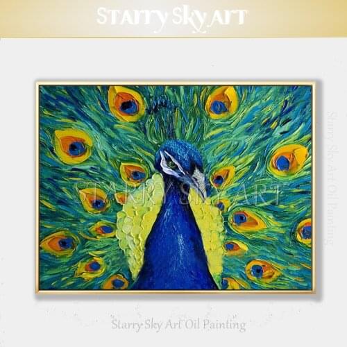 Pure Hand-painted High Quality Textured Knife Peacock Oil Painting Thick Oil Paints Animal Bird Peacock Art Picture Oil Painting