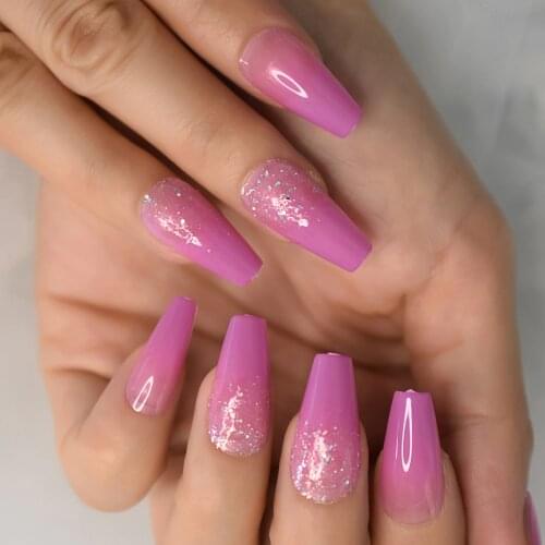 Coffin Long Nails Violet Jelly Gel Fake Nails Glitter Ombre Gradient Unas Falsas Acrylic Nail Tips mMedium Ballerina