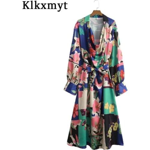 Klkxmyt Za Dress Woman 2021 Vintage With Belt Print Midi Dresses For Women Casual Long Sleeve Female Praty Dresses Vestidos