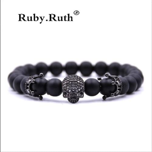 2018 hot sell Natural Beads Strand Bracelet Micro Pave CZ Skeleton Skull Black Lava Rock Stone Energy Men Charms jewelry