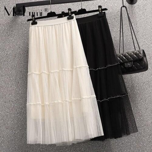 M-4XL Plus Size Women Elegant Mesh Skirts Apricot Summer 2021 Solid Color Fashion Elastic High Waist Diamond Pleated Midi Skirts